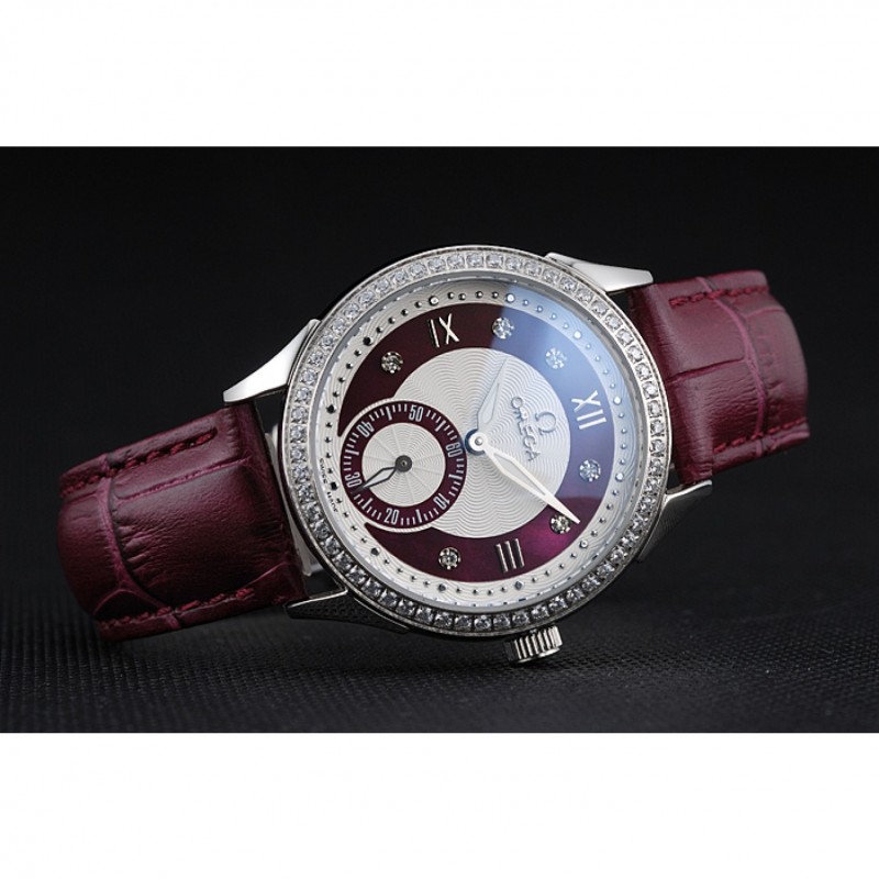 Omega DeVille Prestige Dark Red Dial Silver Diamond Case Dark Red Leather Bracelet 1454121-4