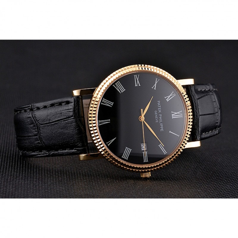 Patek Philippe Calatrava Black Dial Roman Numerals Ribbed Bezel Gold Case Black Leather Strap-4