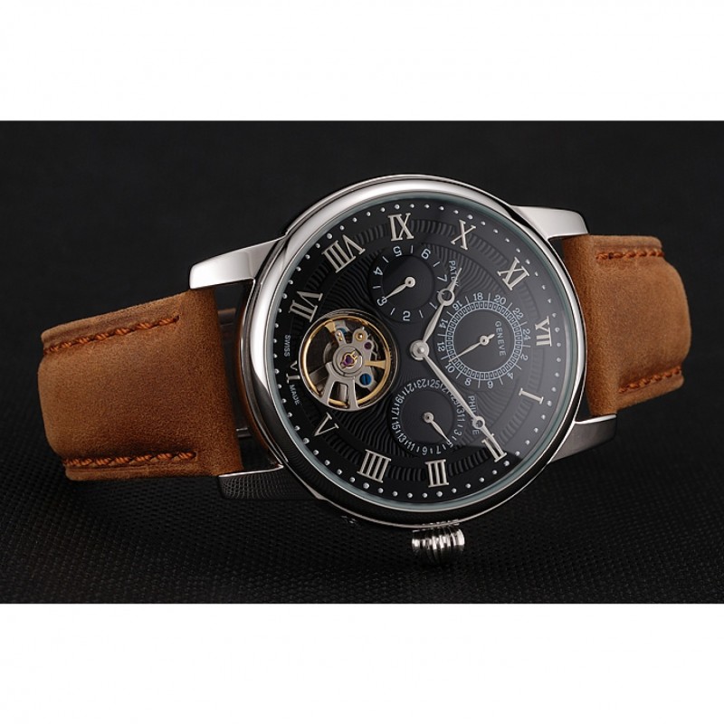 Patek Philippe Grand Complications Day Date Tourbillon Black Dial Numerals Stainless Steel Case Brown Suede Leather Strap 1453816-3