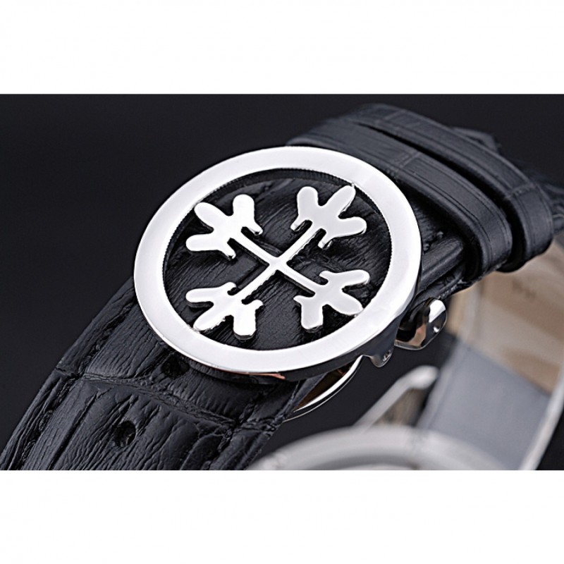 Patek Philippe Geneve Two Dial Black Dial Stainless Steel Bezel Black Leather Band 622145-5