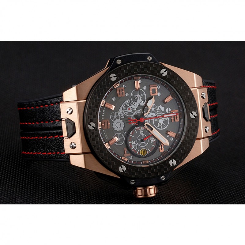 SS Replica Watches Hublot Big Bang Ferrari Silver Dial Carbon Bezel Gold Case Black Leather Strap 622769-3
