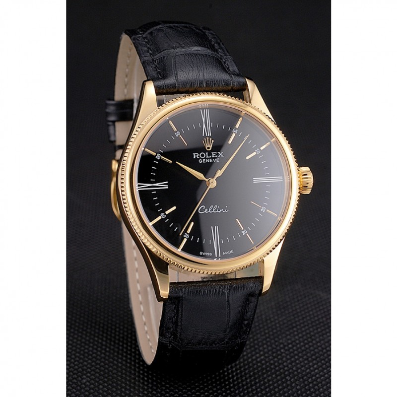 Swiss Rolex Cellini Black Dial Roman Numerals Gold Case Black Leather Strap-2