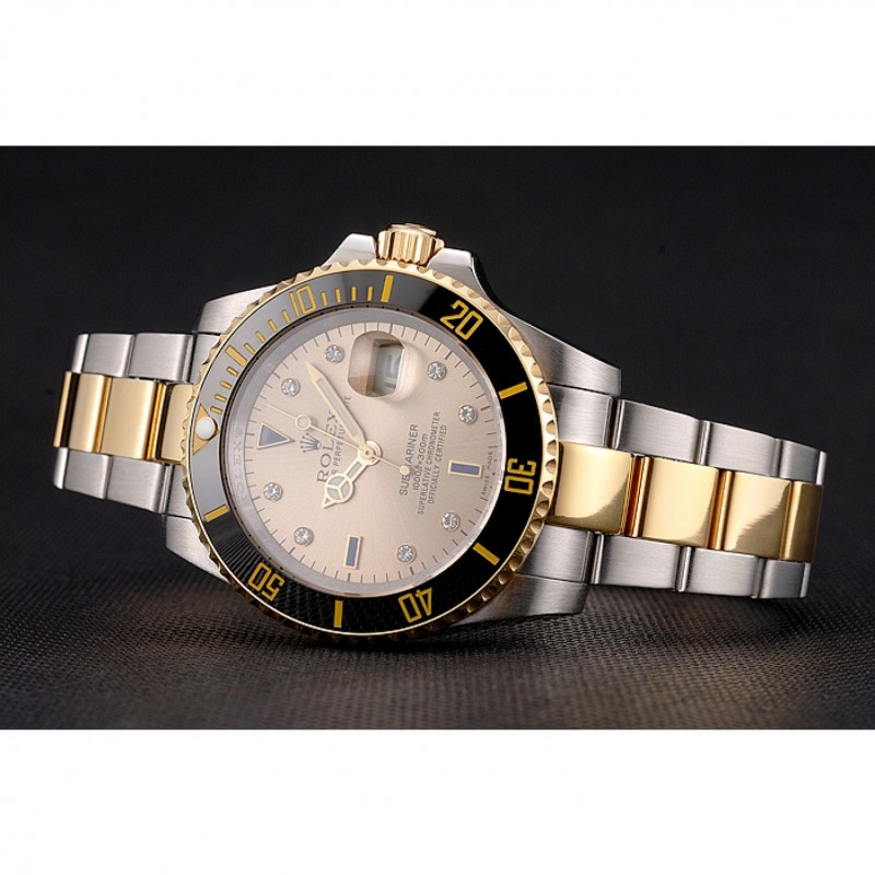 Swiss Rolex Submariner Gold Dial Diamond Markings Black Bezel Two Tone Steel Gold Bracelet-4