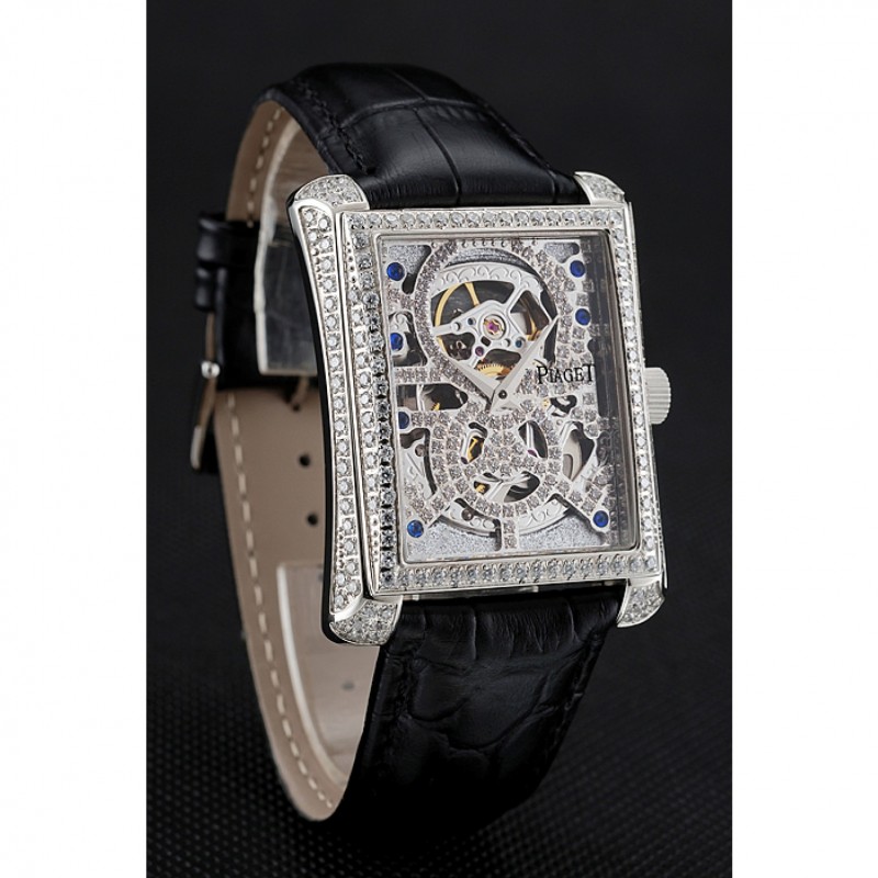 Swiss Piaget Emperador Tourbillon Skeleton Silver Diamond Case Black Leather Bracelet 1453943-1