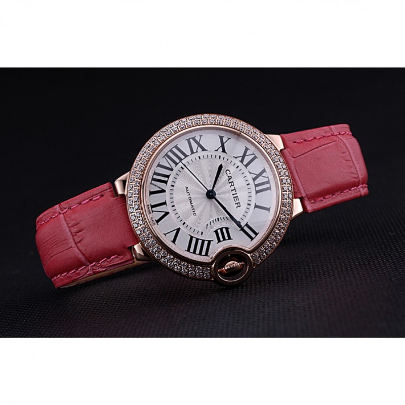 AAA Swiss Cartier Ballon Bleu de Cartier White Dial Diamonds Case Pink Leather Bracelet 622553-3