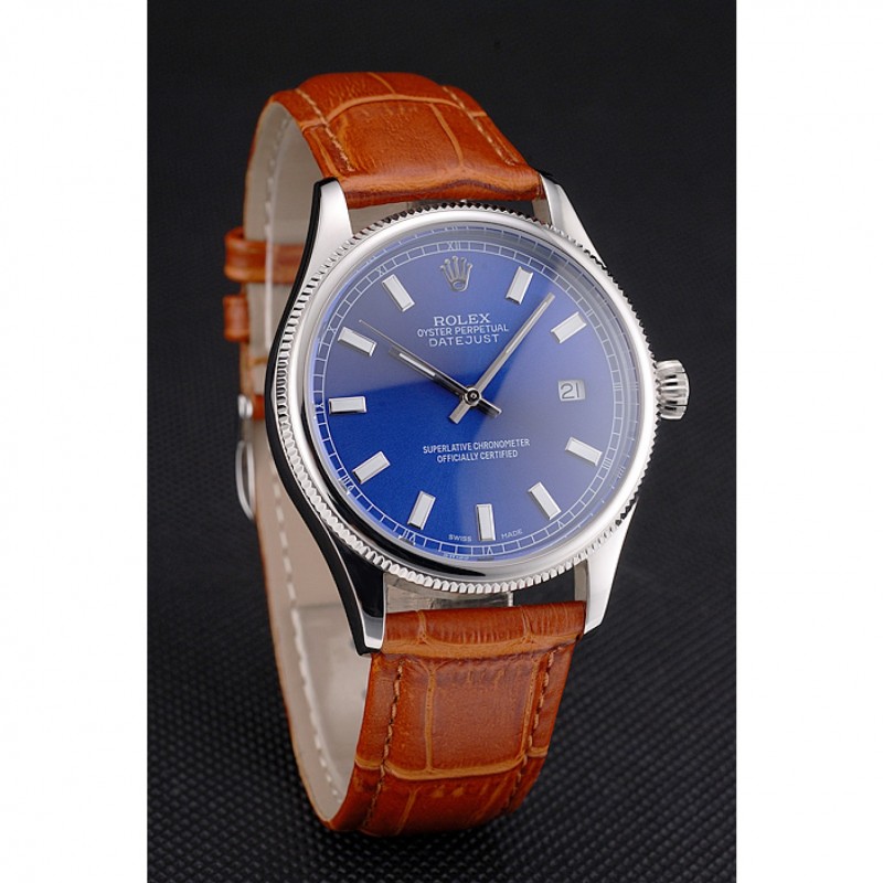 Swiss Rolex Datejust Blue Dial Stainless Steel Case Light Brown Leather Strap-2