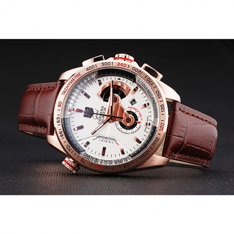 SS Tag Heuer Carrera Rose Gold Case White Dial Brown Leather Strap 98244-3