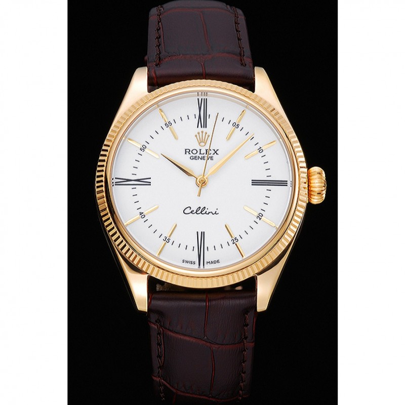 Rolex Cellini White Dial Gold Case Brown Leather Strap 622833-1
