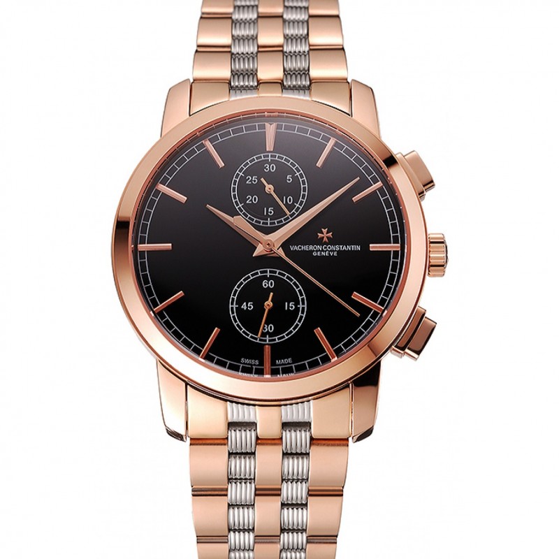 Swiss Vacheron Constantin Patrimony Traditionnelle Chronograph Black Dial Rose Gold Case Two Tone Bracelet 1453758-0