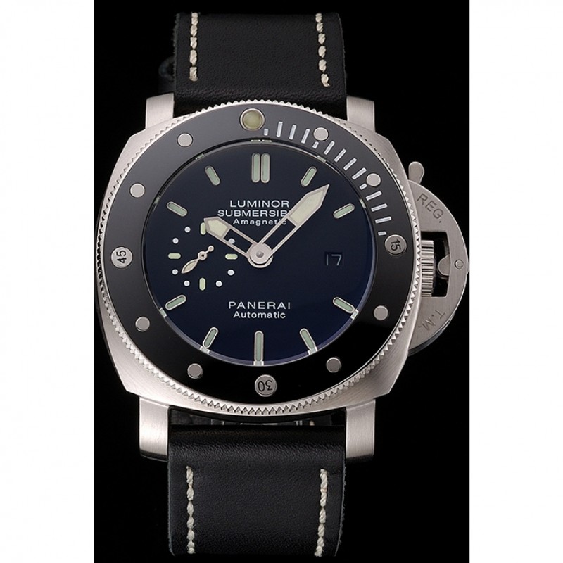 Panerai Luminor Submersible Black Dial Stainless Steel Case Black Bezel Black Leather Strap-1