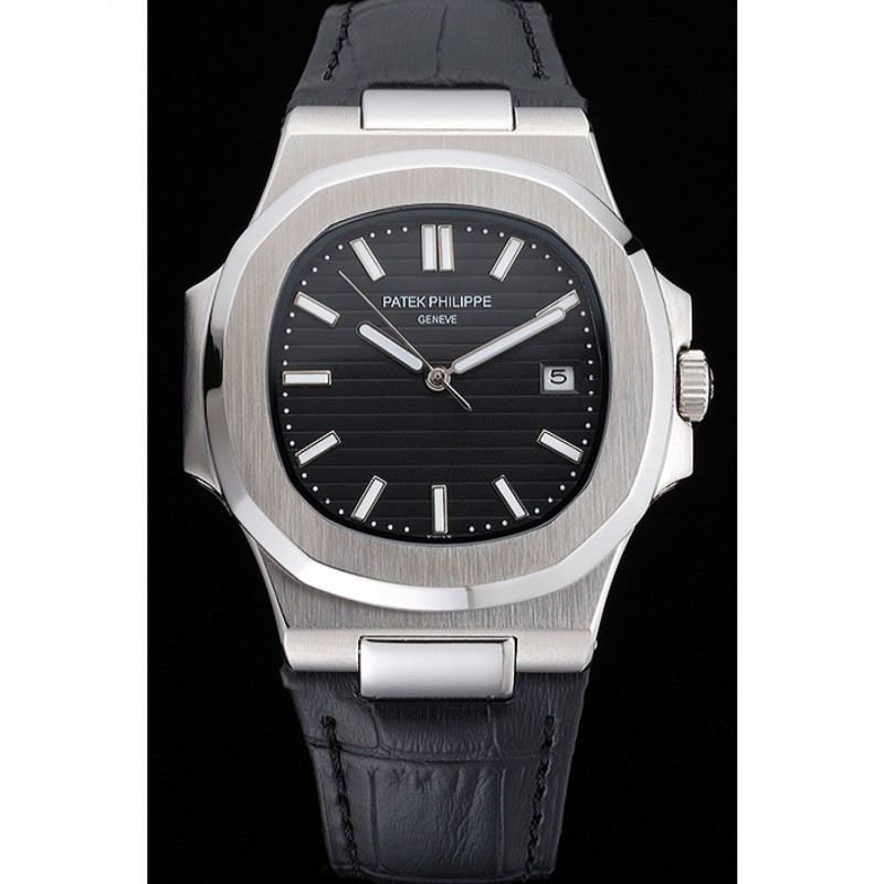 Patek Philippe Nautilus Black Dial Brushed Stainless Steel Case Black Leather Strap-1