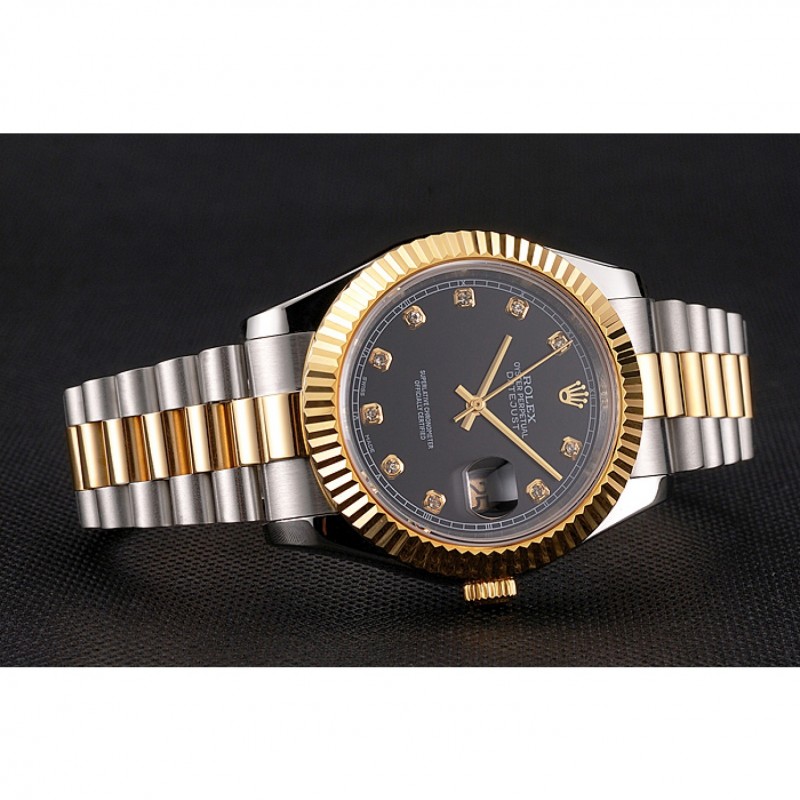Swiss Rolex Datejust Black Dial Stainless Steel Case Gold Bezel Two Tone Bracelet-3