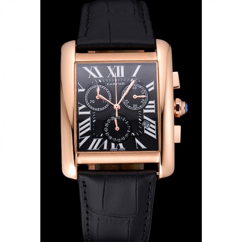 High Quality Cartier Tank MC Black Dial Gold Case Black Leather Bracelet 622694-1