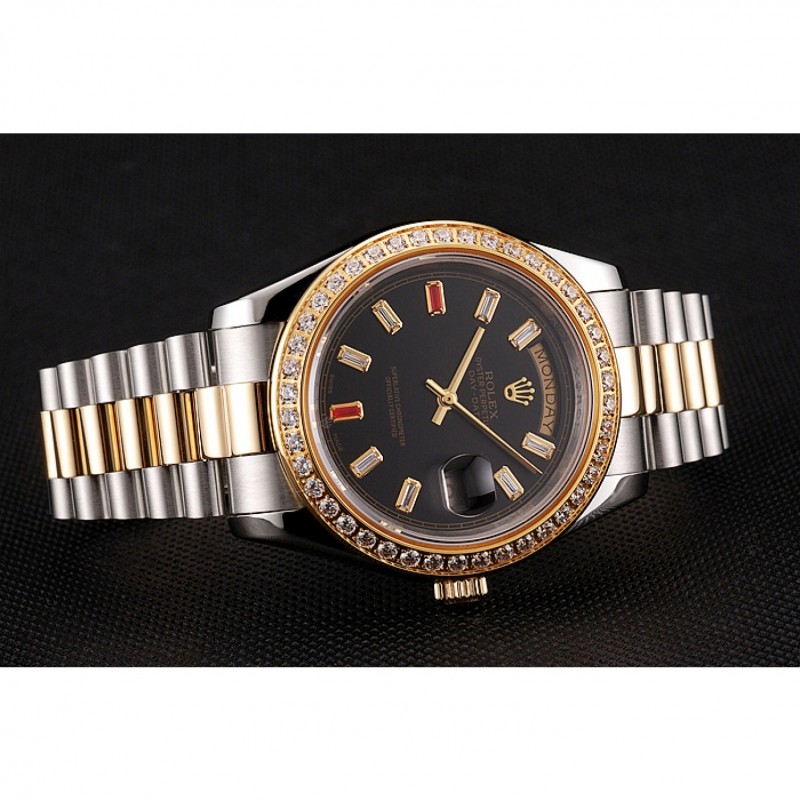 Swiss Rolex Day-Date Diamonds And Rubies Black Dial Two Tone Bracelet 1454105-3