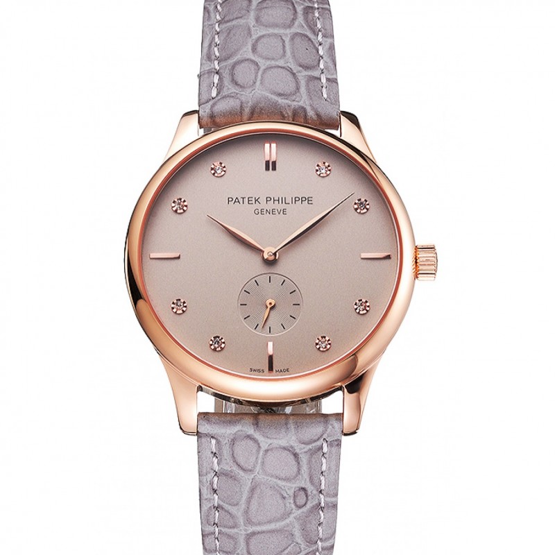 High End Replica Watches Patek Philippe Calatrava Gray Dial Diamond Markings Rose Gold Case Gray Leather Strap-0