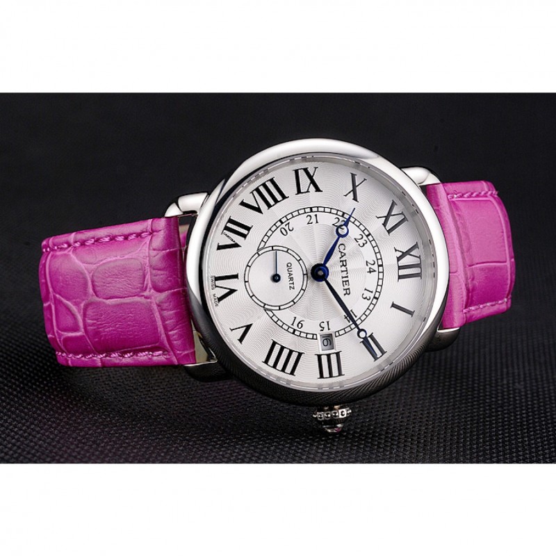 Cartier Ronde Louis Cartier White Dial Stainless Steel Case Fuchsia Leather Strap-3