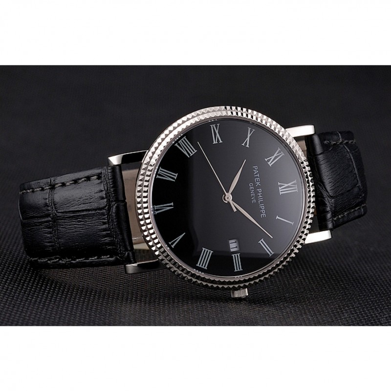 Patek Philippe Calatrava Black Dial Roman Numerals Ribbed Bezel Stainless Steel Case Black Leather Strap-3