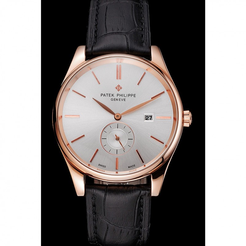 Patek Philippe Calatrava Date White Dial Rose Gold Case Black Leather Strap-1