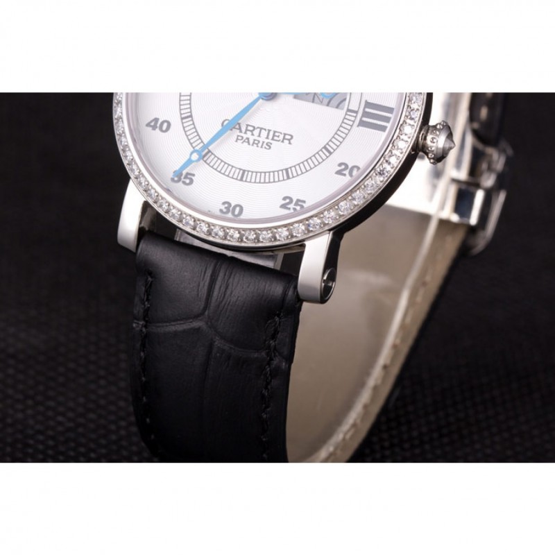 Luxury Replica Watches Cartier Moonphase Silver Watch with Black Leather Band ct255 621374-6