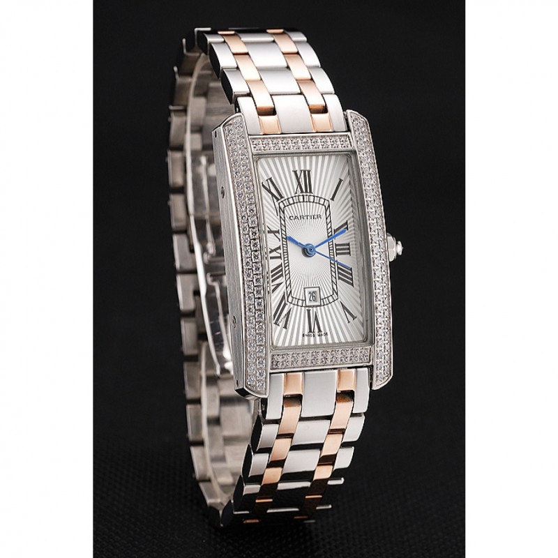 Luxury Replica Watches Cartier Tank Americaine White Dial Diamond Bezel Stainless Steel Case Two Tone Bracelet 1453778-2