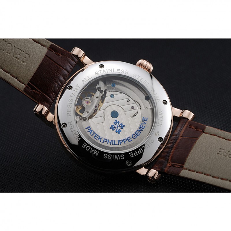 Patek Philippe Complications Moonphase Tourbillon White Dial Rose Gold Case Brown Leather Strap-5