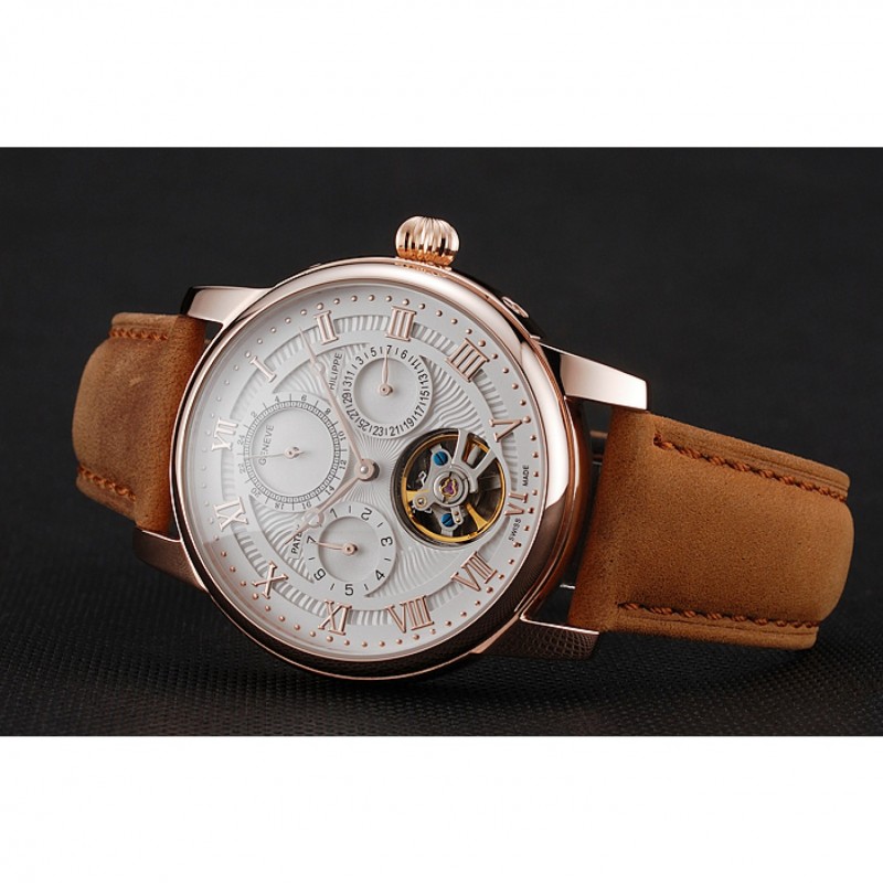 Patek Philippe Grand Complications Day Date Tourbillon White Dial Rose Gold Case Brown Suede Leather Strap 1453813-3