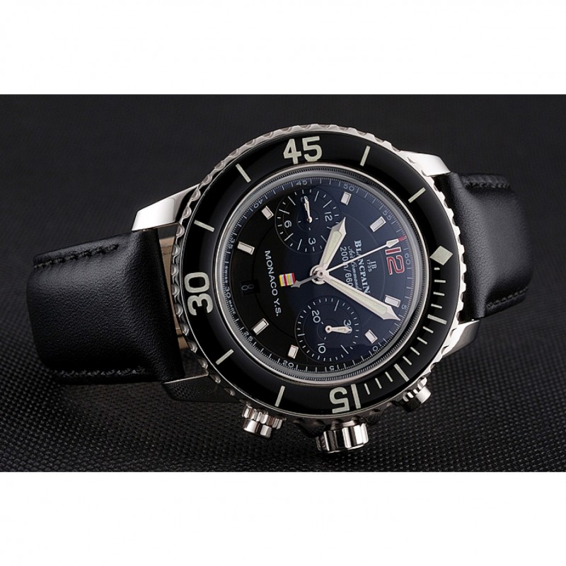 Swiss Blancpain Air Command Monaco YS Black Dial Stainless Steel Case Black Leather Strap-4