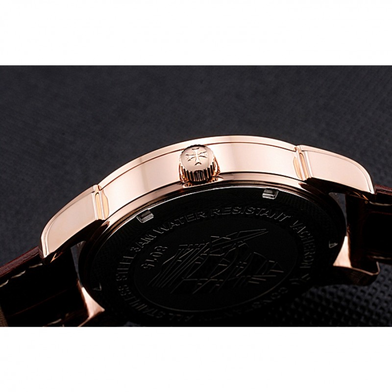 Vacheron Constantin Traditionnelle Black Ship Dial Rose Gold Case Brown Leather Strap-8