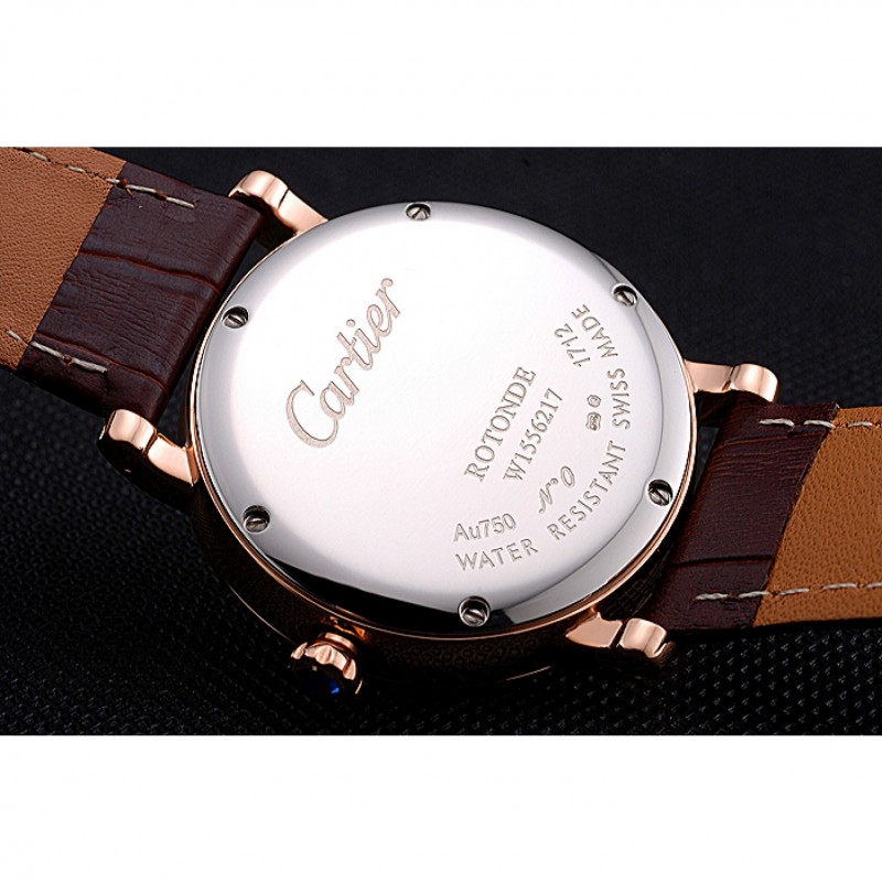 SS Cartier Ronde Second Time Zone White Dial Gold Case Brown Leather Strap 622801-8