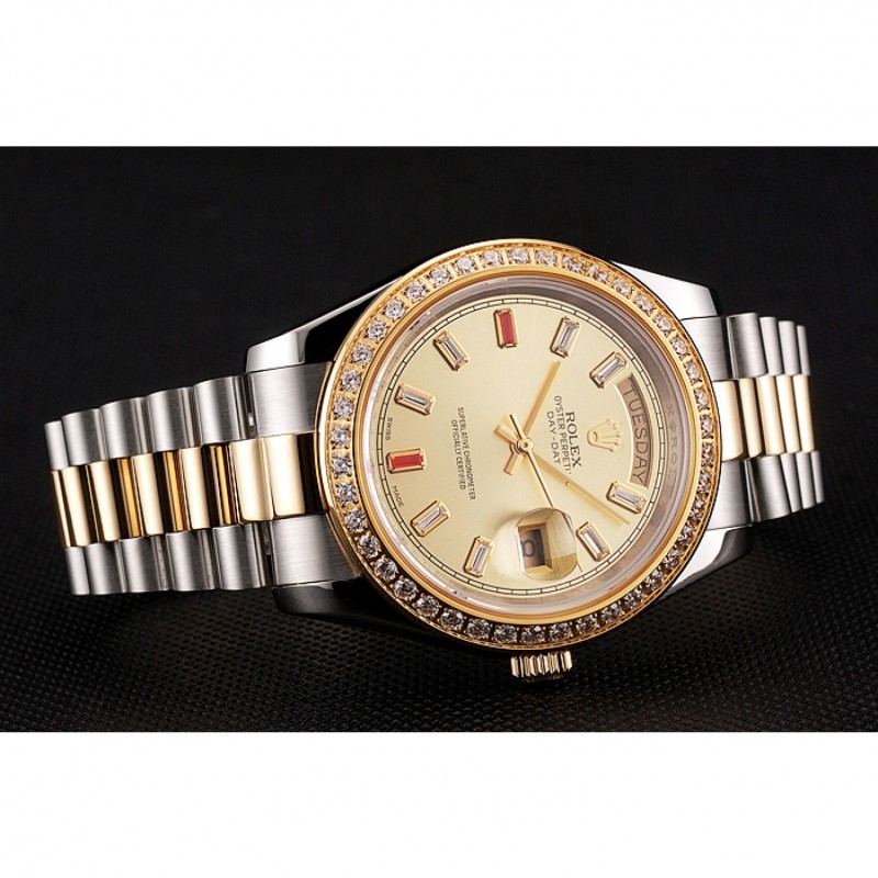 Swiss Rolex Day-Date Diamonds And Rubies Champagne Dial Two Tone Bracelet 1454104-4