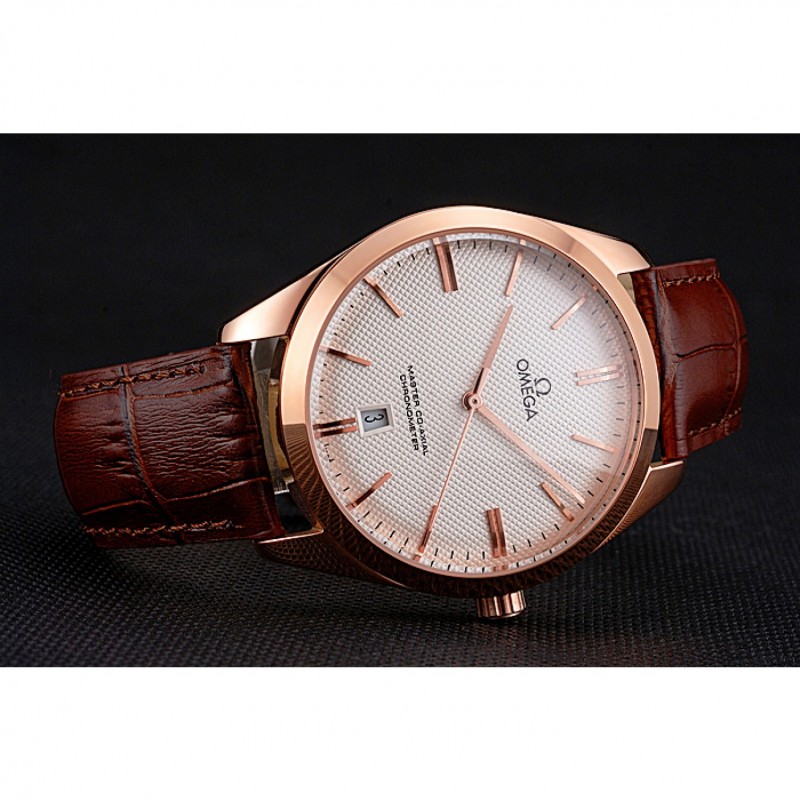 Omega Tresor Master Co-Axial White Dial Rose Gold Case Brown Leather Strap-3