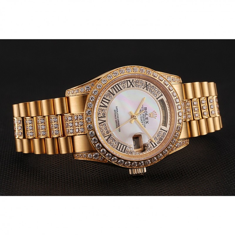Swiss Rolex Day-Date Diamond Pave White Dial Gold Diamond Bracelet 1453958-3