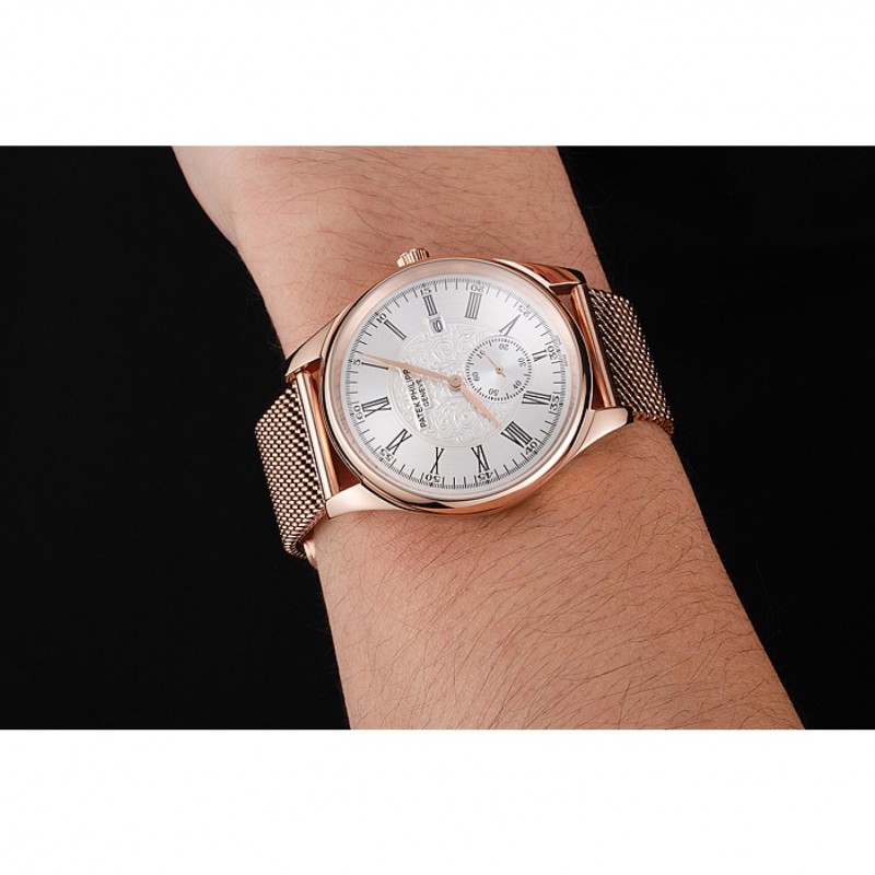 Patek Philippe Calatrava Small Seconds Silver Engraved Dial Rose Gold Case And Bracelet-8