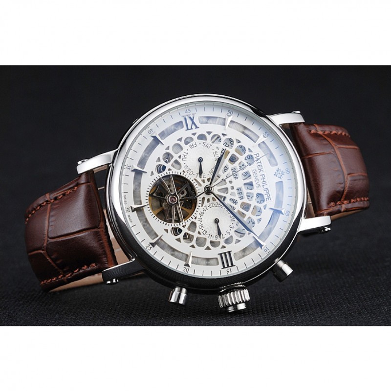 Patek Philippe Grand Complications Annual Calendar White Dial Silver Case Brown Leather Bracelet 1454233-4