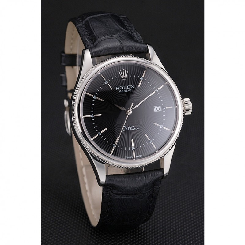 Luxury Replica Watches Swiss Rolex Cellini Date Black Dial Stainless Steel Case Black Leather Strap-2