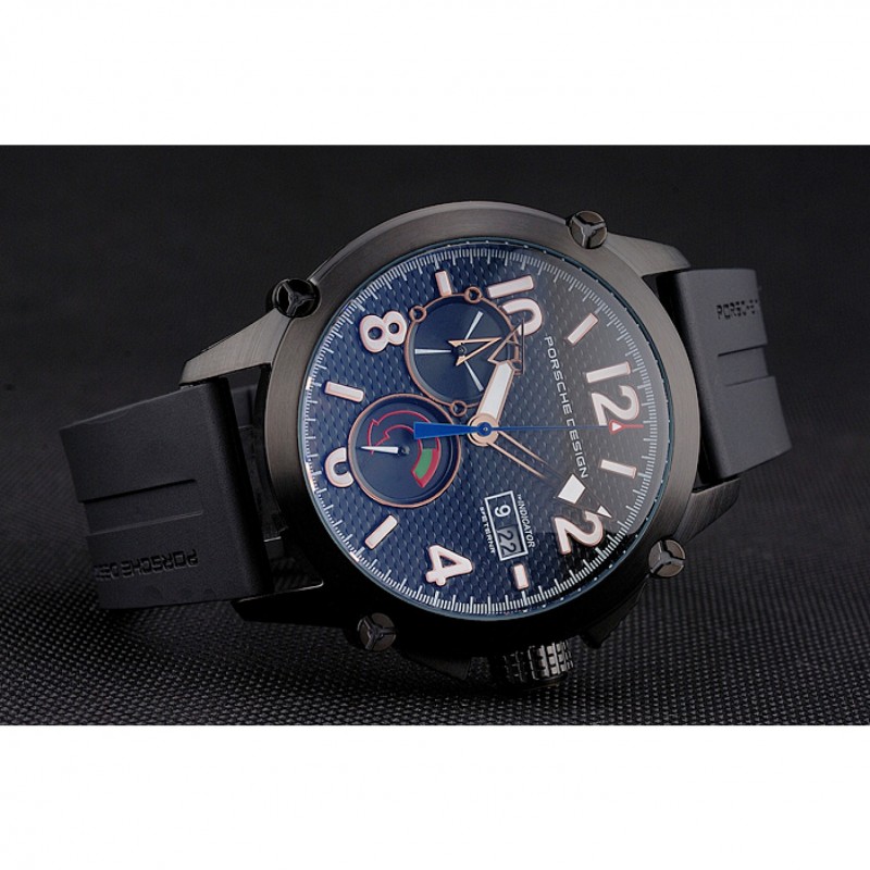 AAA Porsche Design Indicator Black Dial Gold Numerals Black PVD Case Black Rubber Strap-3