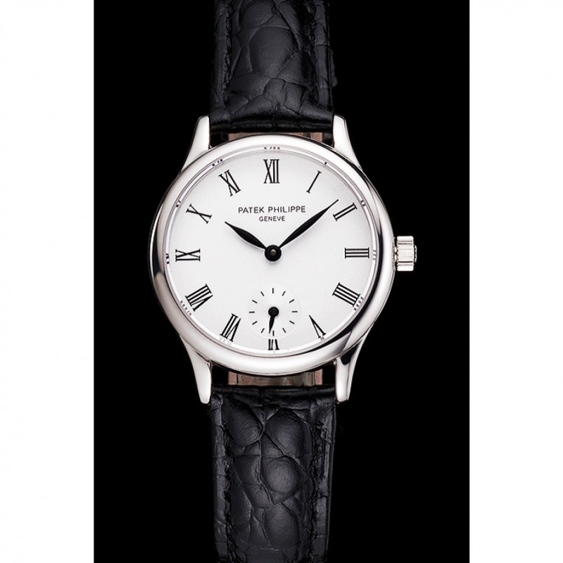 Patek Philippe Calatrava White Dial Roman Numerals Stainless Steel Case Black Leather Strap-1