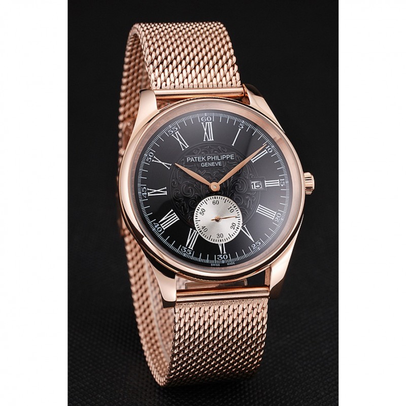 AAA Patek Philippe Calatrava Small Seconds Black Engraved Dial Rose Gold Case And Bracelet-2