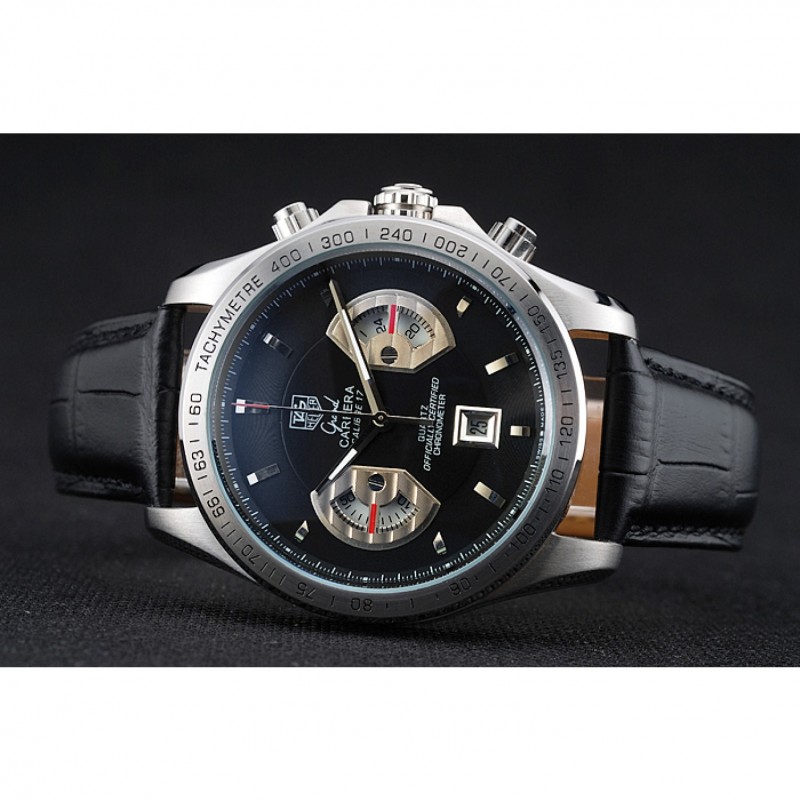 SS Tag Heuer Carrera Tachymeter Bezel Black Dial Black Leather Strap-4