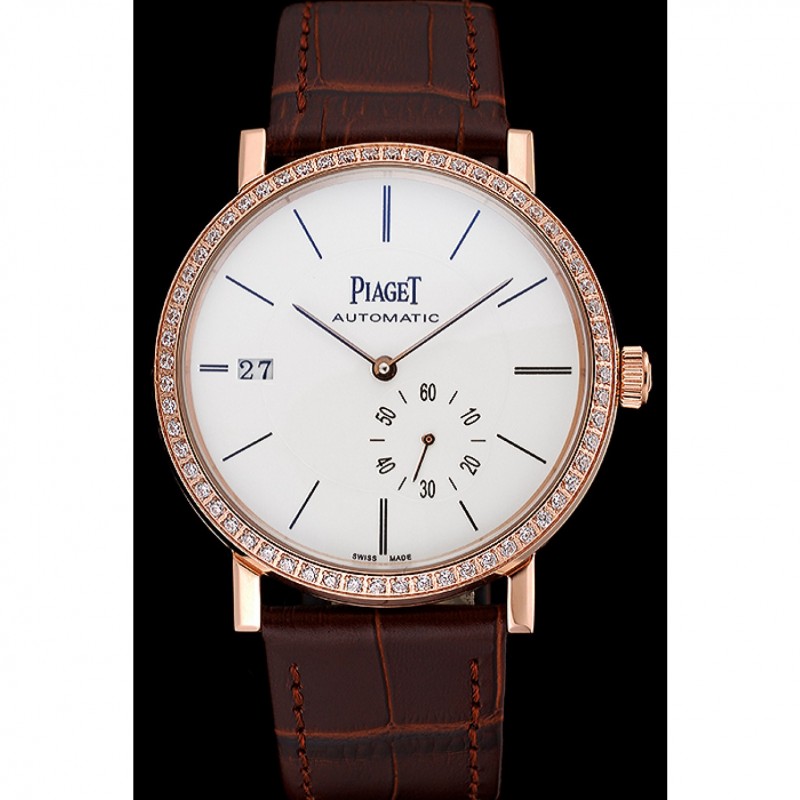 Piaget Altiplano Diamond Gold Case White Dial Brown Leather Bracelet 622627-1
