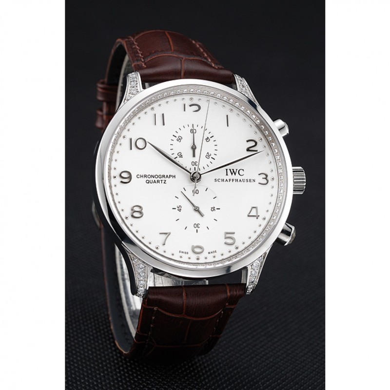 Luxury Replica Watches IWC Portugieser Chronograph White Dial Steel Hands And Numerals Steel Case With Diamonds Brown Leather Strap-2
