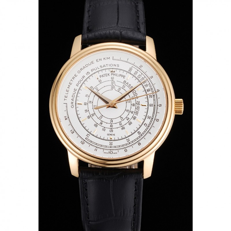 Best Replica Watches Swiss Patek Philippe Multi-Scale Chronograph White Dial Gold Case Black Leather Strap-1
