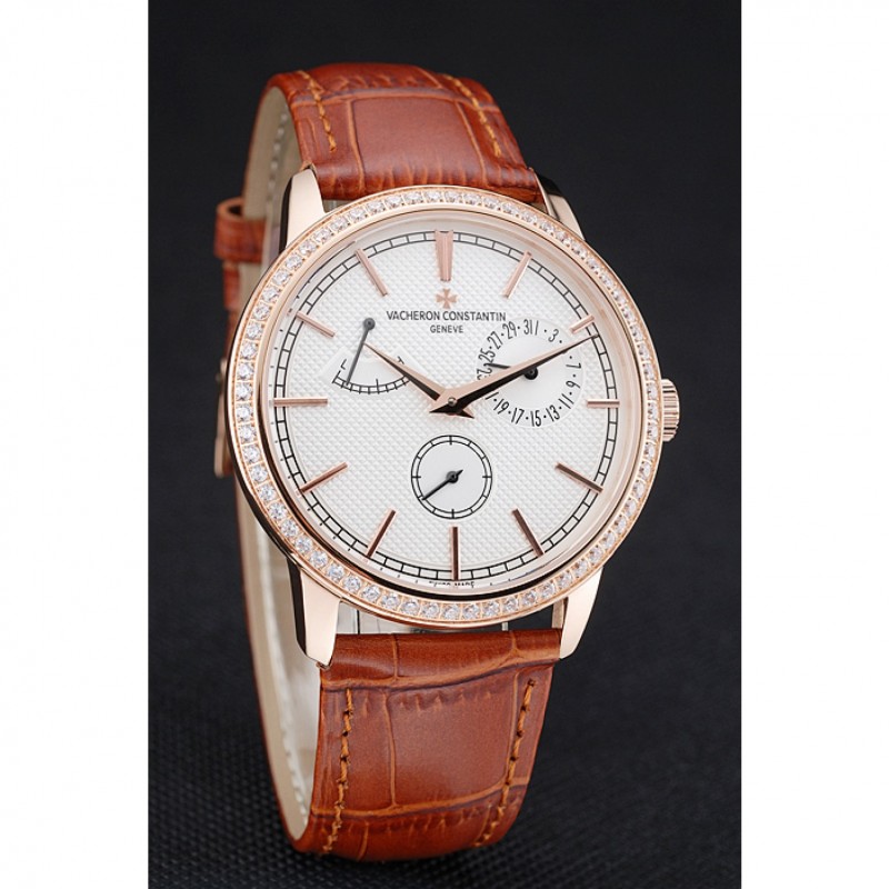 Vacheron Constantin Patrimony Power Reserve White Dial Gold Diamond Case Brown Leather Bracelet 1454268-2