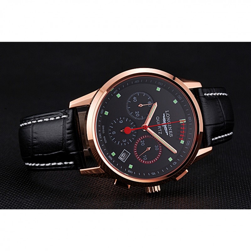 Longines Column Wheel Black Dial Gold Case Black Leather Strap-3