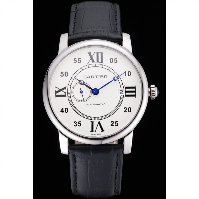 SS Swiss Cartier Rotonde Solo White Dial Silver Case Black Leather Strap-1