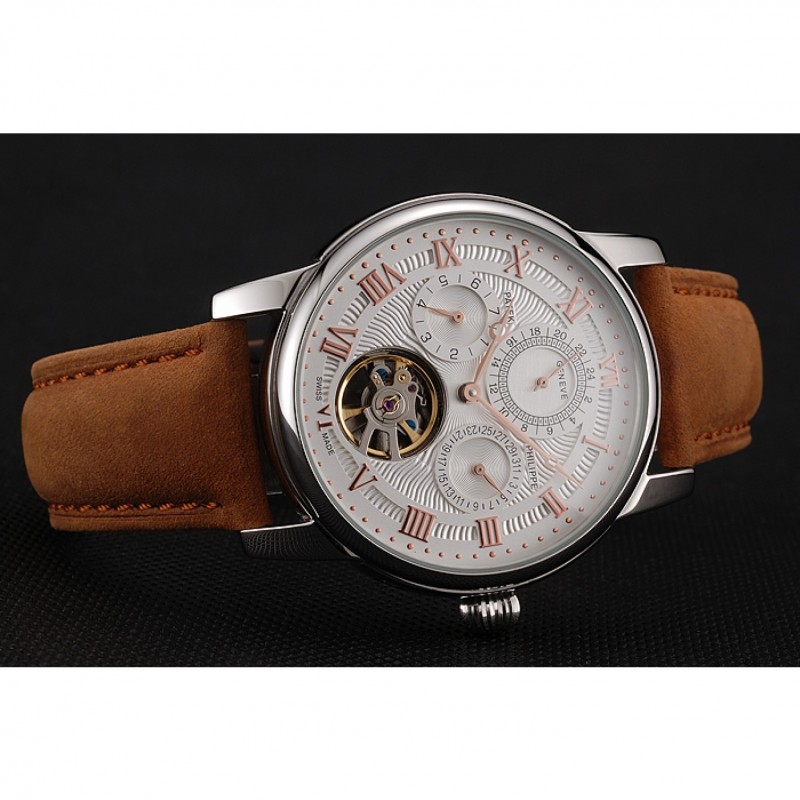 Patek Philippe Grand Complications Day Date Tourbillon White Dial Rose Gold Numerals Stainless Steel Case Brown Suede Leather Strap 1453818-3