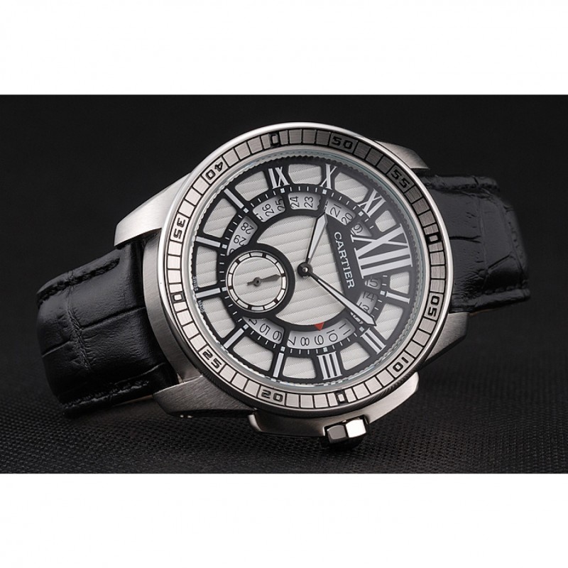 High Quality Replica Watches Cartier Calibre De Cartier Small Seconds Black And White Dial Stainless Steel Case Black Leather Strap-4