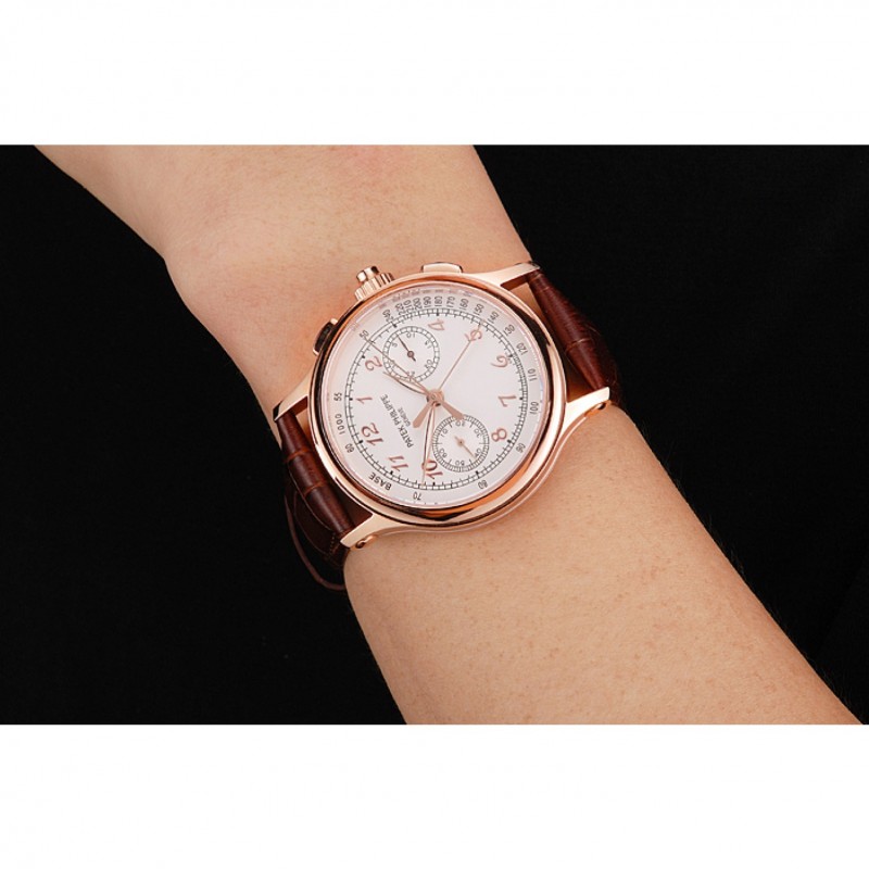 Swiss Patek Philippe Split Seconds Chronograph White Dial Rose Gold Case Brown Leather Strap-8