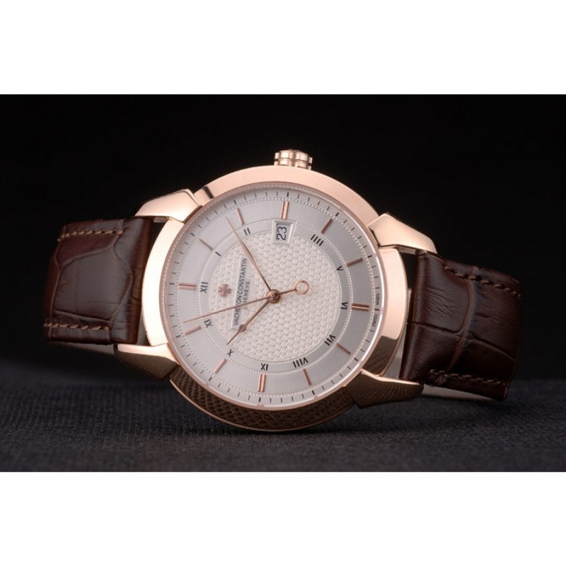Swiss Vacheron Constantin Traditionnelle White Dial Rose Gold Case Brown Leather Bracelet-4