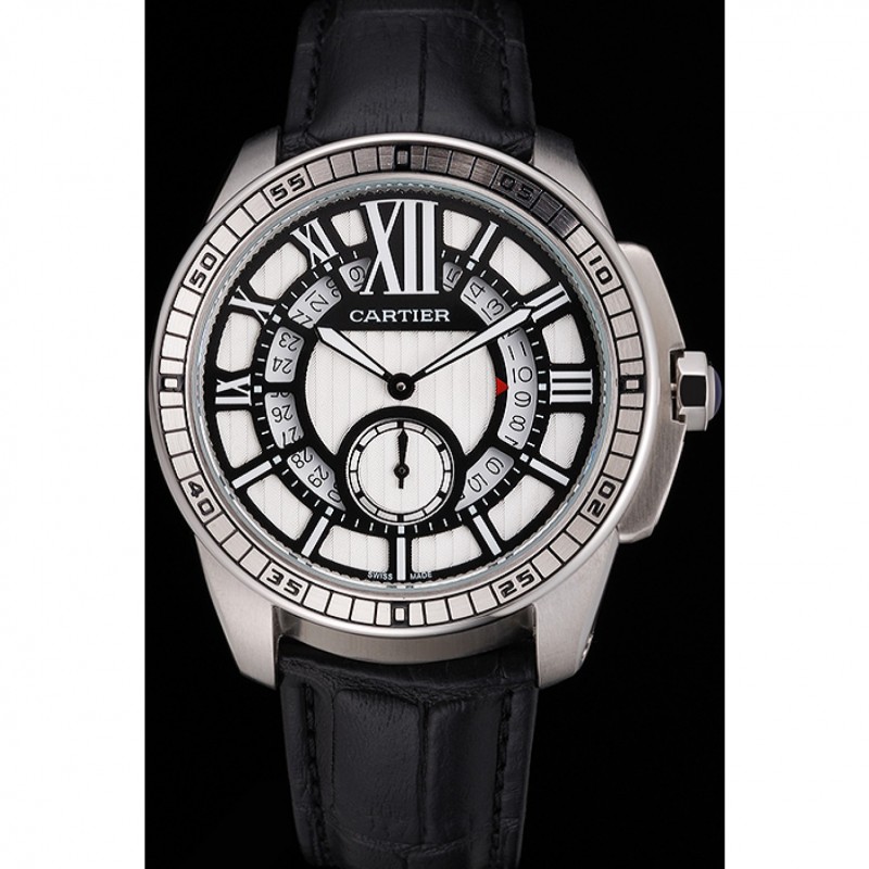 High Quality Replica Watches Cartier Calibre De Cartier Small Seconds Black And White Dial Stainless Steel Case Black Leather Strap-1